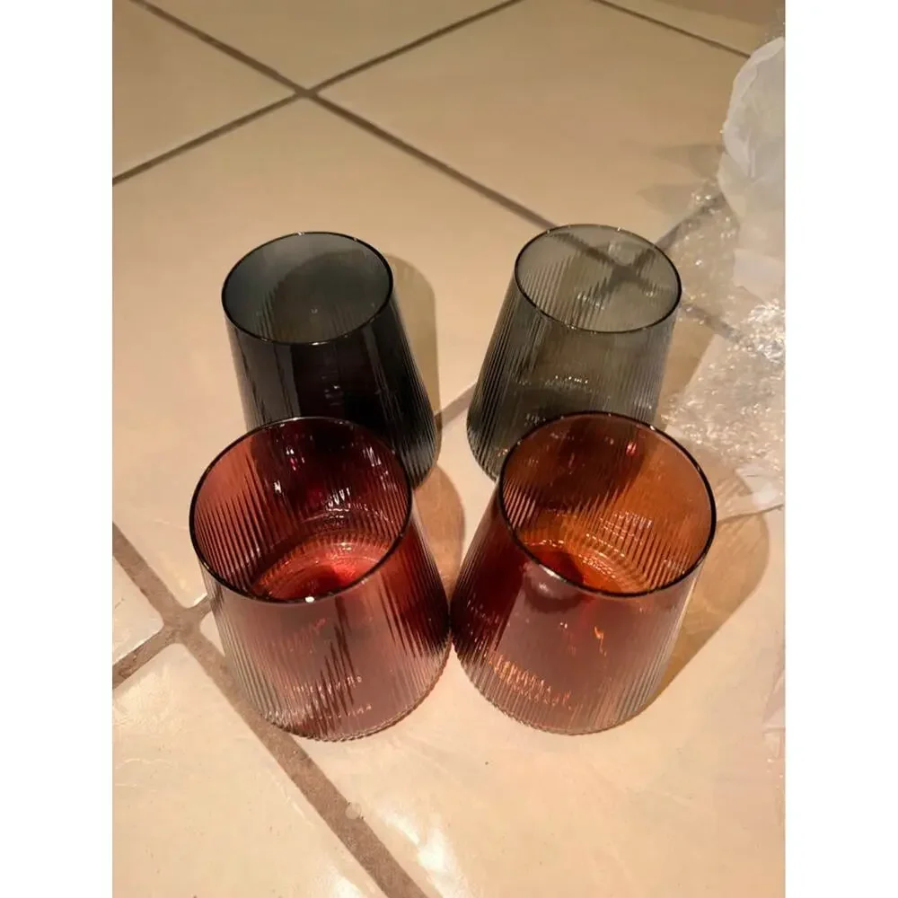 Set of 4 Ribbed Glass Stemless Wine Glasses